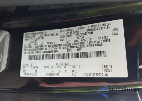2017 Ford Escape Se from USA, damaged, VIN 1FMCU9GD5HUB55884